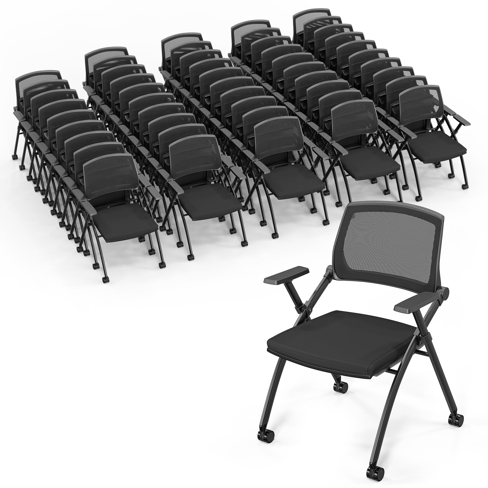 Vingli 50 Pack Stackable Conference Room Chairs with Wheels, Folding Office Chair with Rebound Back, Padded Seat for Training Room, Guest,