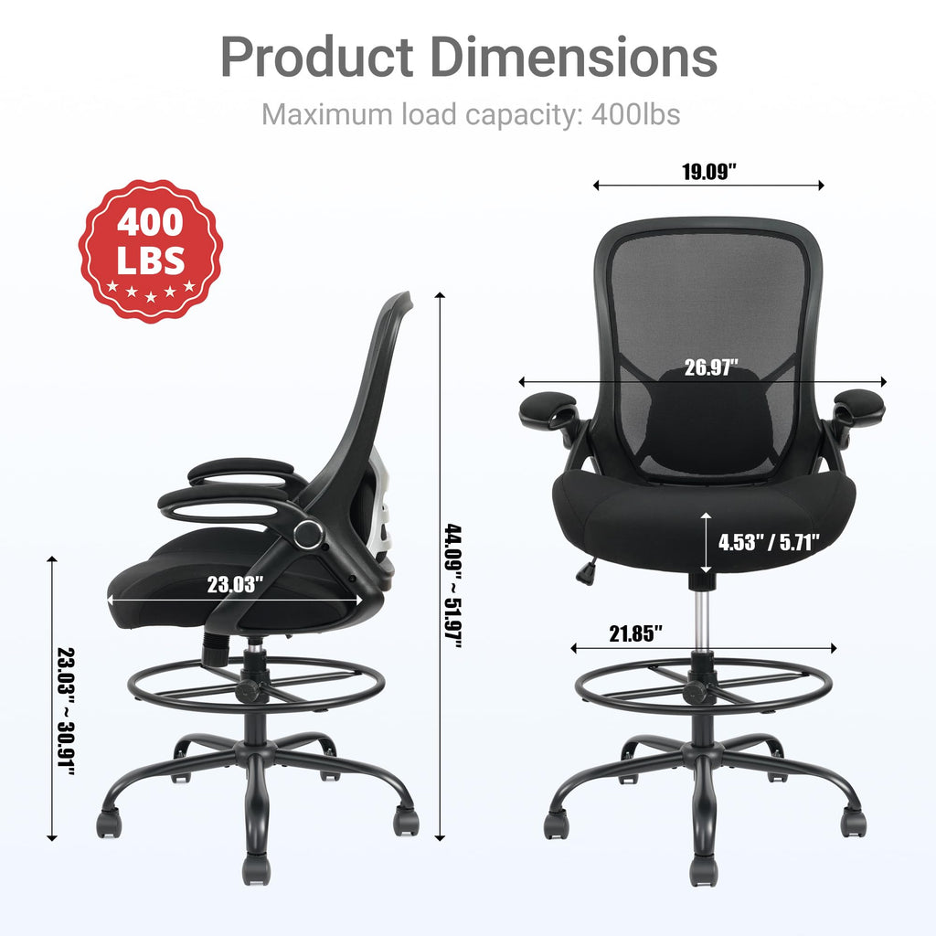Hylone 400lbs Big and Tall Heavy Duty Drafting Chair 5" Thickened Seat Tall Office Chair Flip-up Armrests Ergonomic Chair with Lumbar Support