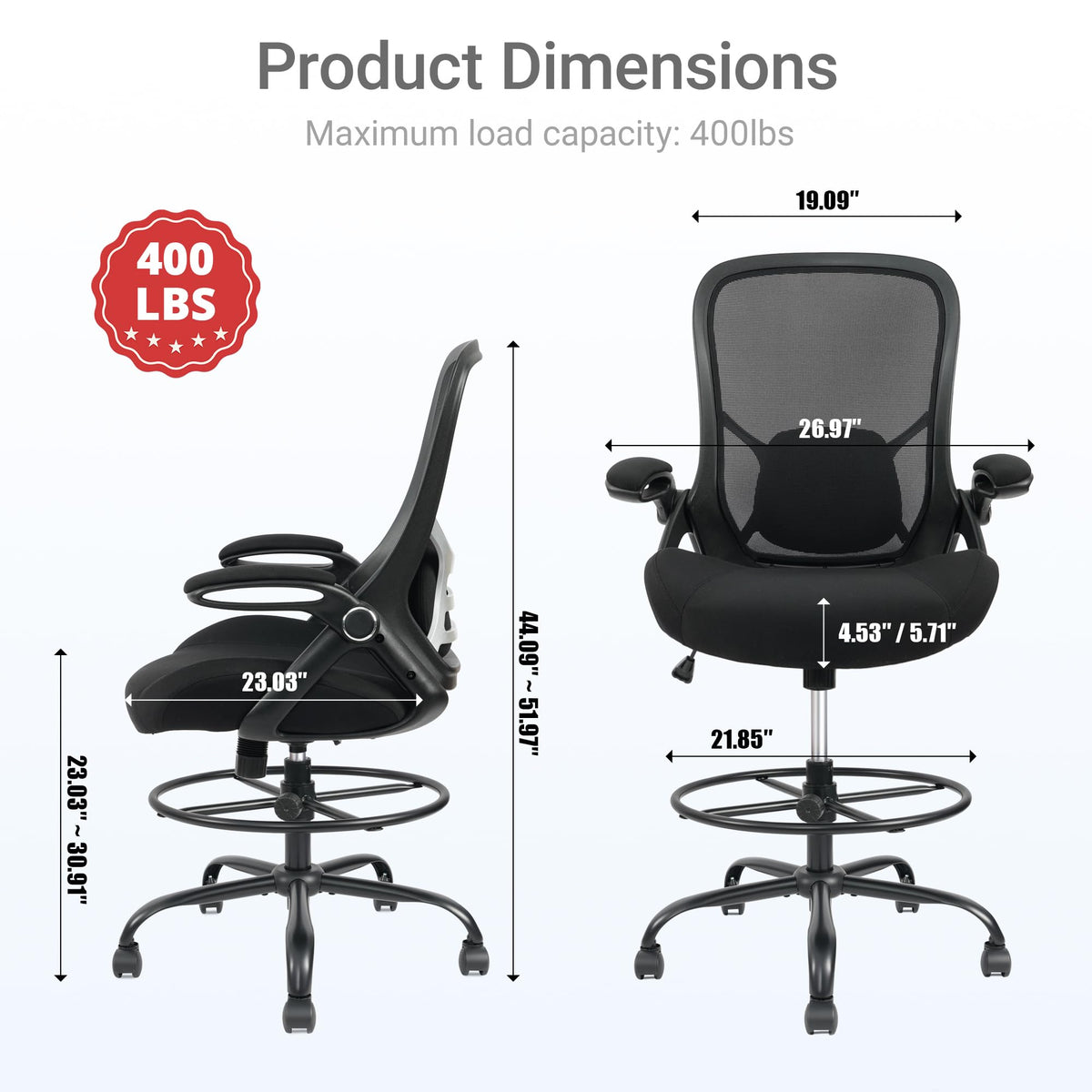 Hylone 400lbs Big and Tall Heavy Duty Drafting Chair 5" Thickened Seat Tall Office Chair Flip-up Armrests Ergonomic Chair with Lumbar Support