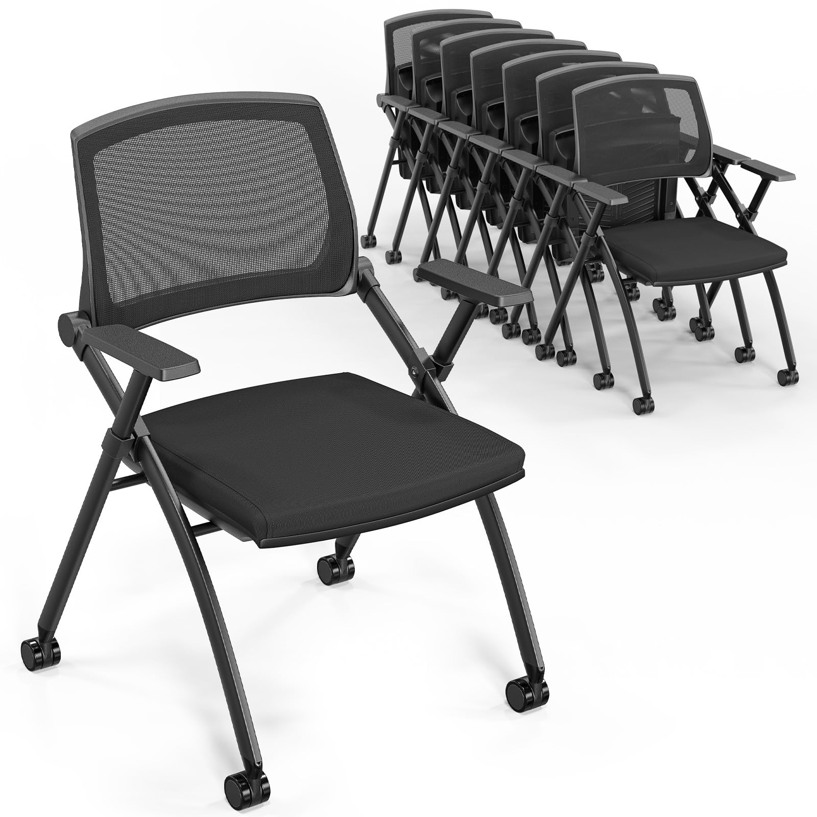 Vingli 8 Pack Stackable Conference Room Chairs with Wheels, Folding Office Chair with Rebound Back, Padded Seat for Training Room, Guest,