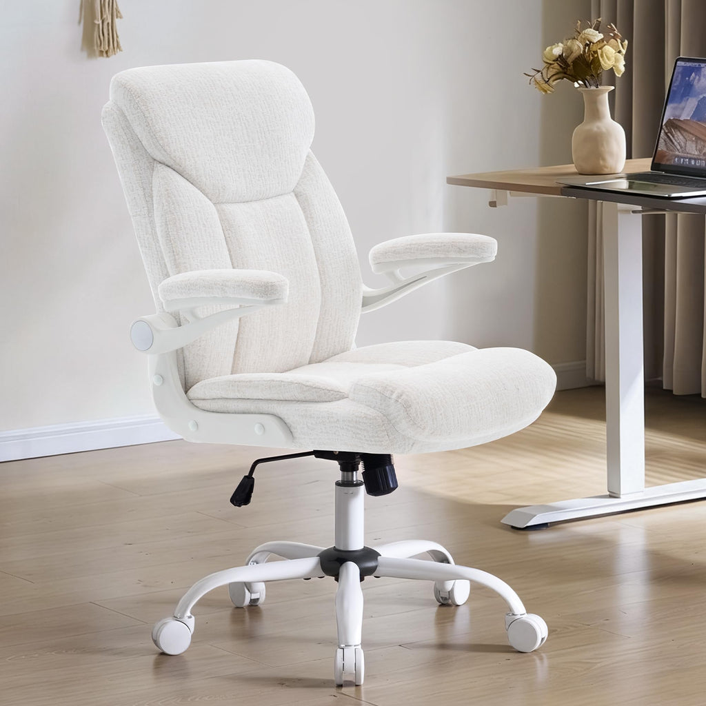 Fmolat Ergonomic Home Office Chair Fabric Comfy Computer Chair, White, 19.7"W x 19.5"D x 39"-42"H