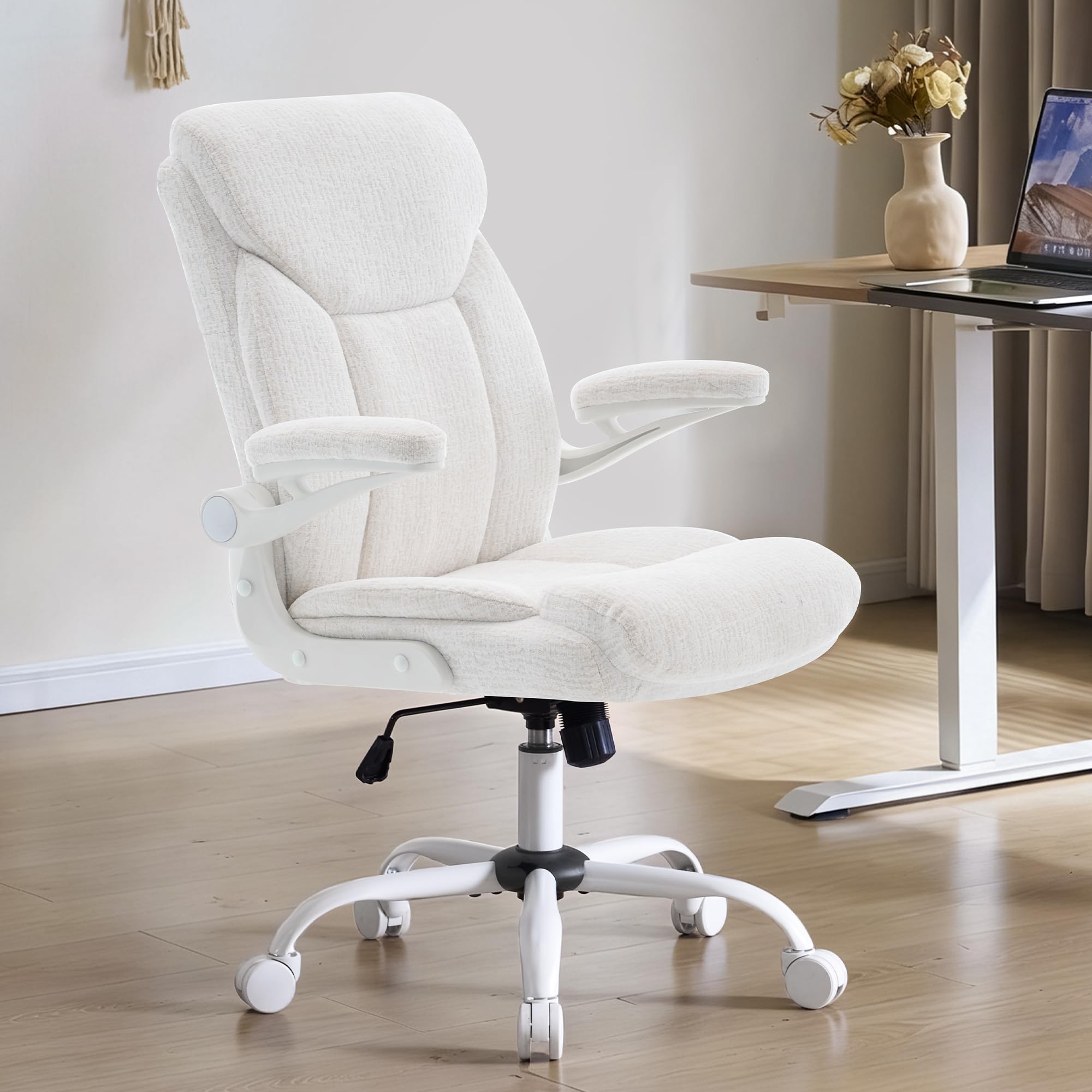 Fmolat Ergonomic Home Office Chair Fabric Comfy Computer Chair, White, 19.7"W x 19.5"D x 39"-42"H