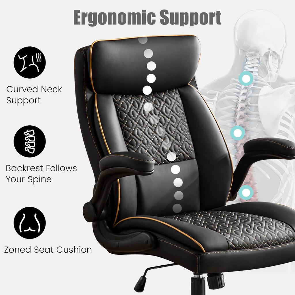 Furnistyle Leather Executive Office Chair, Computer Desk Chair with Lumbar Support, Comfortable Home Office Chairs 400lbs with Padded Flip-up