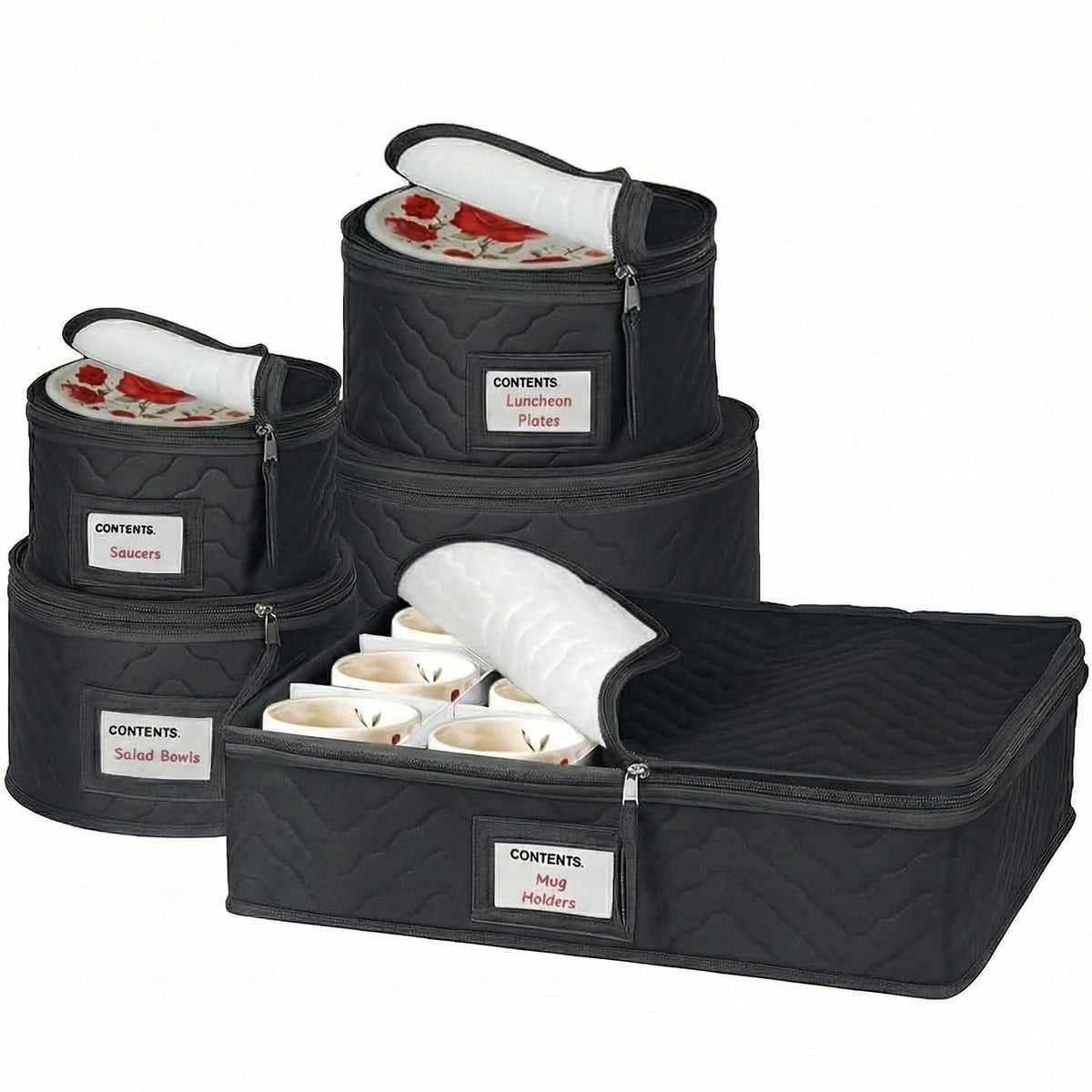China Storage Containers 5-Piece Set Moving Boxes for Dinnerware, Glasses, Plates, Mugs and Saucers Sturdy Quilted Microfiber Dish Organizer with Dividers for Seasonal Storage - Holds Set of 12, Black