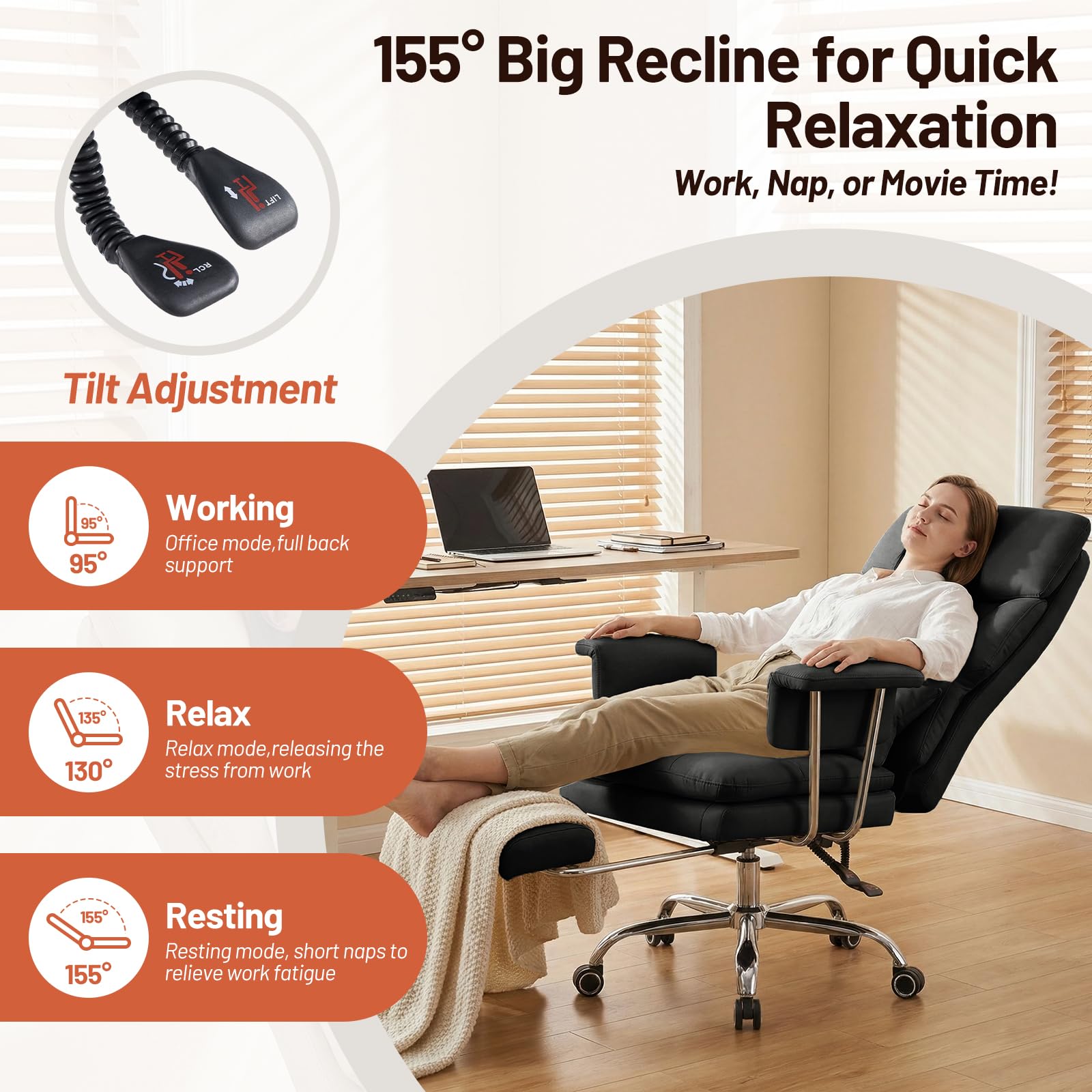 Furniliving Big and Tall Office Chair with Footrest, Pu Leather High Back Executive Office Chair with Adjustable Lumbar Support, 360°swivel