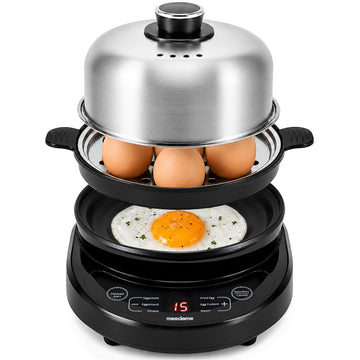 Meedome Rapid Egg Cooker, Stainless Steel Electric Egg Steamer for Hard and Soft Boiled Eggs, Fried Egg and Omelet Maker, Auto Shut-Off, Dishwasher-Safe Parts, BPA-Free, Holds 7 Eggs, Black