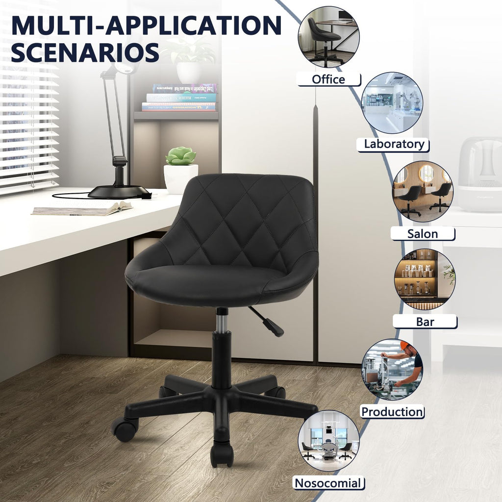 Klasika Black Low Back Rolling Stool Pu Leather Vanity Stools, Set of 2 Makeup Salon Spa Stools, Adjustable Height Ergonomic Swivel Rolling