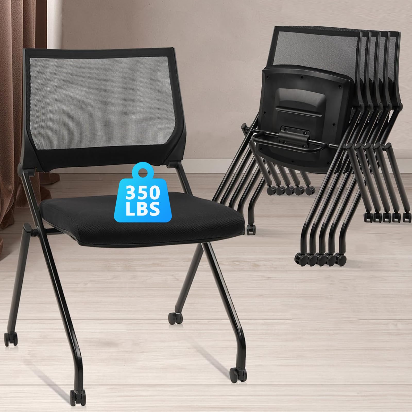 Clatina Stackable & Foldable Conference Room Chairs, Waiting Room Chairs with Wheels & Lumbar Support, Ergonomic Mesh Bouncing Back Folding