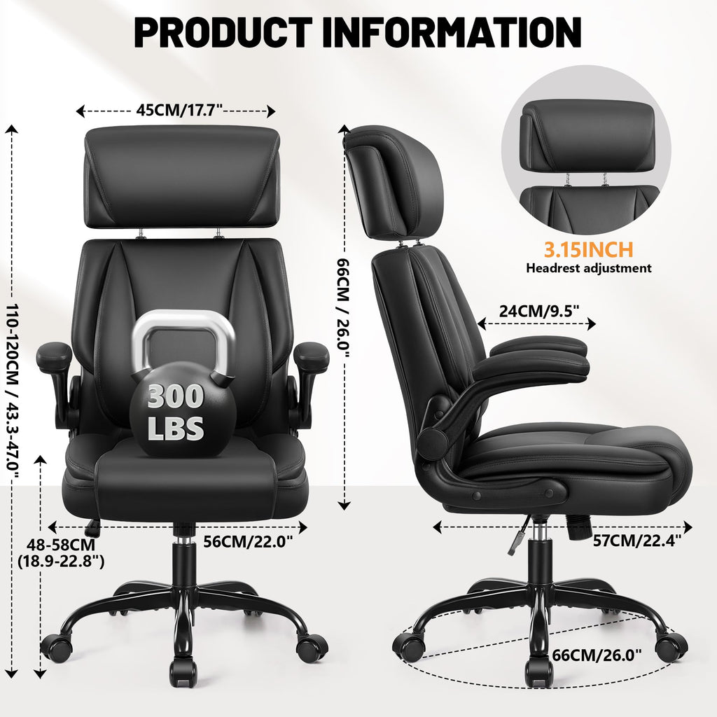 Bestglory Ergonomic Office Chair, Pu Leather Executive Desk Chair with Adjustable Headrest, Flip-up Arms and Lumbar Support, High Back Computer