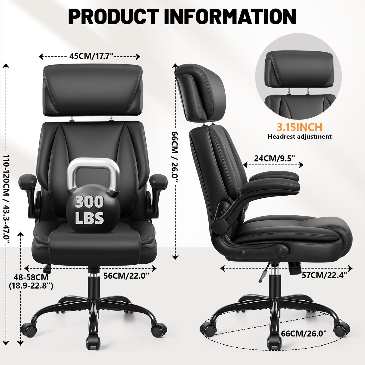 Bestglory Ergonomic Office Chair, Pu Leather Executive Desk Chair with Adjustable Headrest, Flip-up Arms and Lumbar Support, High Back Computer