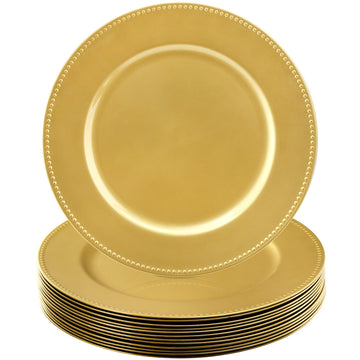 Okllen 12 Pack Plastic Gold Charger Plates, 13" Round Beaded Charger Plates for Wedding, Catering Event, Tabletop Decor