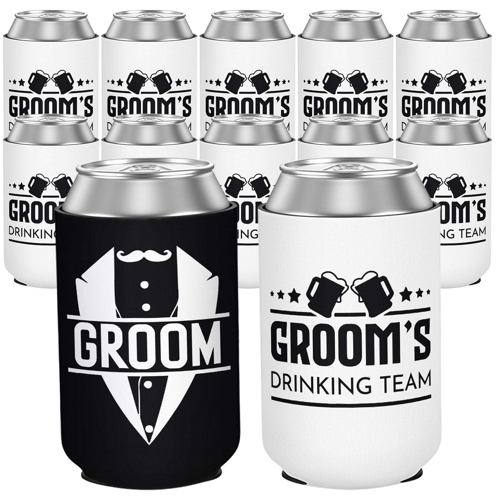 12 Pack Bachelor Party Can Cooler Sleeves, Black & White Groom's Drinking Team Insulated Neoprene Drink Sleeves, Perfect Groomsman Gifts Favors for Bachelor Party Proposal Wedding, 12 oz Standard