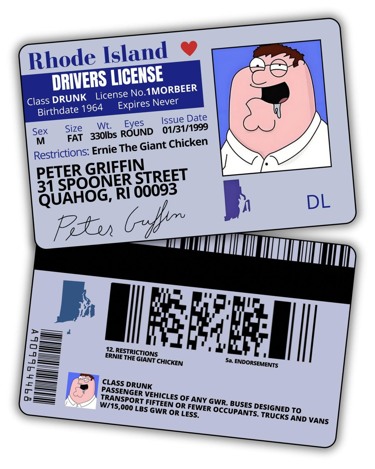 Peter Griffin Driver License ID/Funny Plastic License/Family Guy Fans Complement for Costumes/Double Sided | Collectible Trading Card Driver’s License | Novelty Gift for Holidays