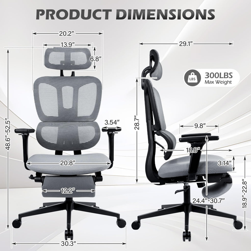 Ergonomic Office Chair with Footrest and Dynamic Lumbar Support, Grey, High Back, Dark Grey