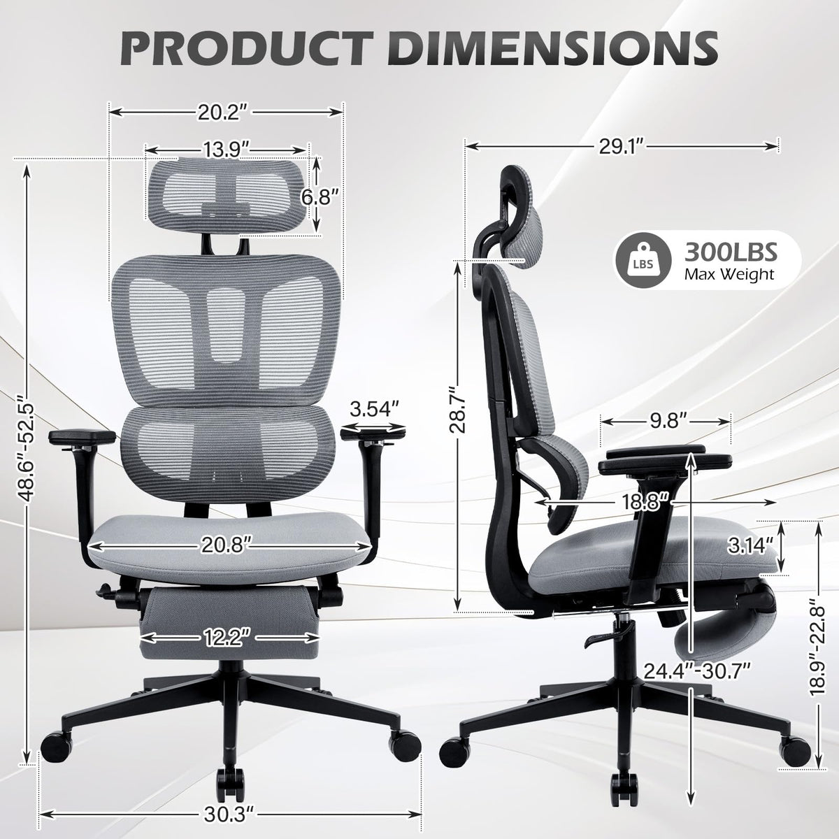 Ergonomic Office Chair with Footrest and Dynamic Lumbar Support, Grey, High Back, Dark Grey