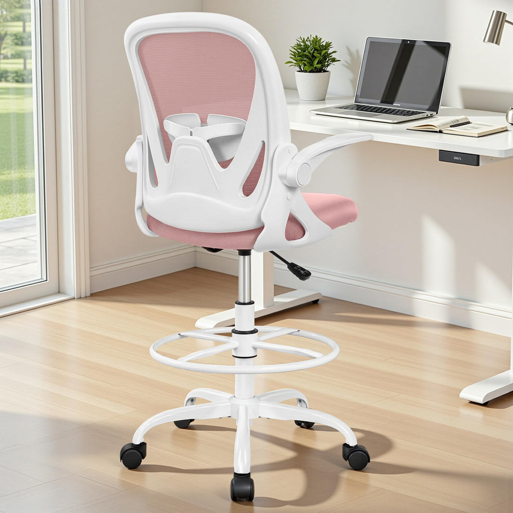 Primy Drafting Chair Tall Office Chair with Flip-up Armrests Executive Ergonomic Computer Standing Desk Chair with Lumbar Support and