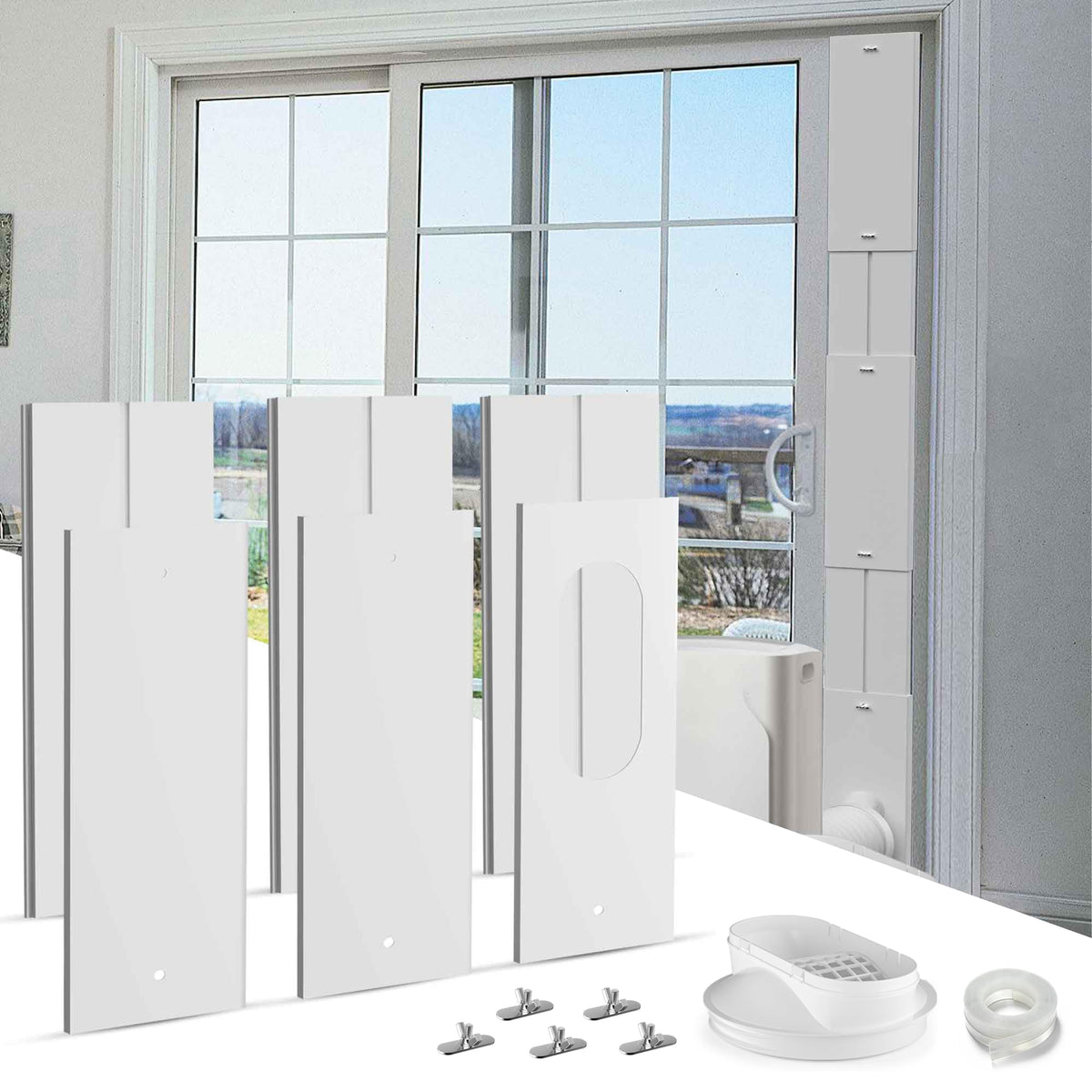 Universal Sliding Door AC Vent Kit: Coupler Filter Fits 5.1" & 5.9" Exhaust Hose, Portable air Conditioner Window kit with 6 Upgrade Plates, Adjustable 17 to 95 Inches