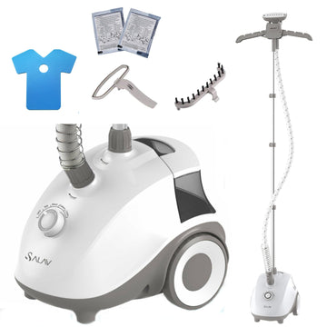 SALAV® Standing Steamer for Clothes, 1500W Powerful Garment Steamer with Roll Wheels, 4 Steam Settings, High Efficiency Stainless Steel Plate, with Limescale Remover Descaler Packets (Renewed)