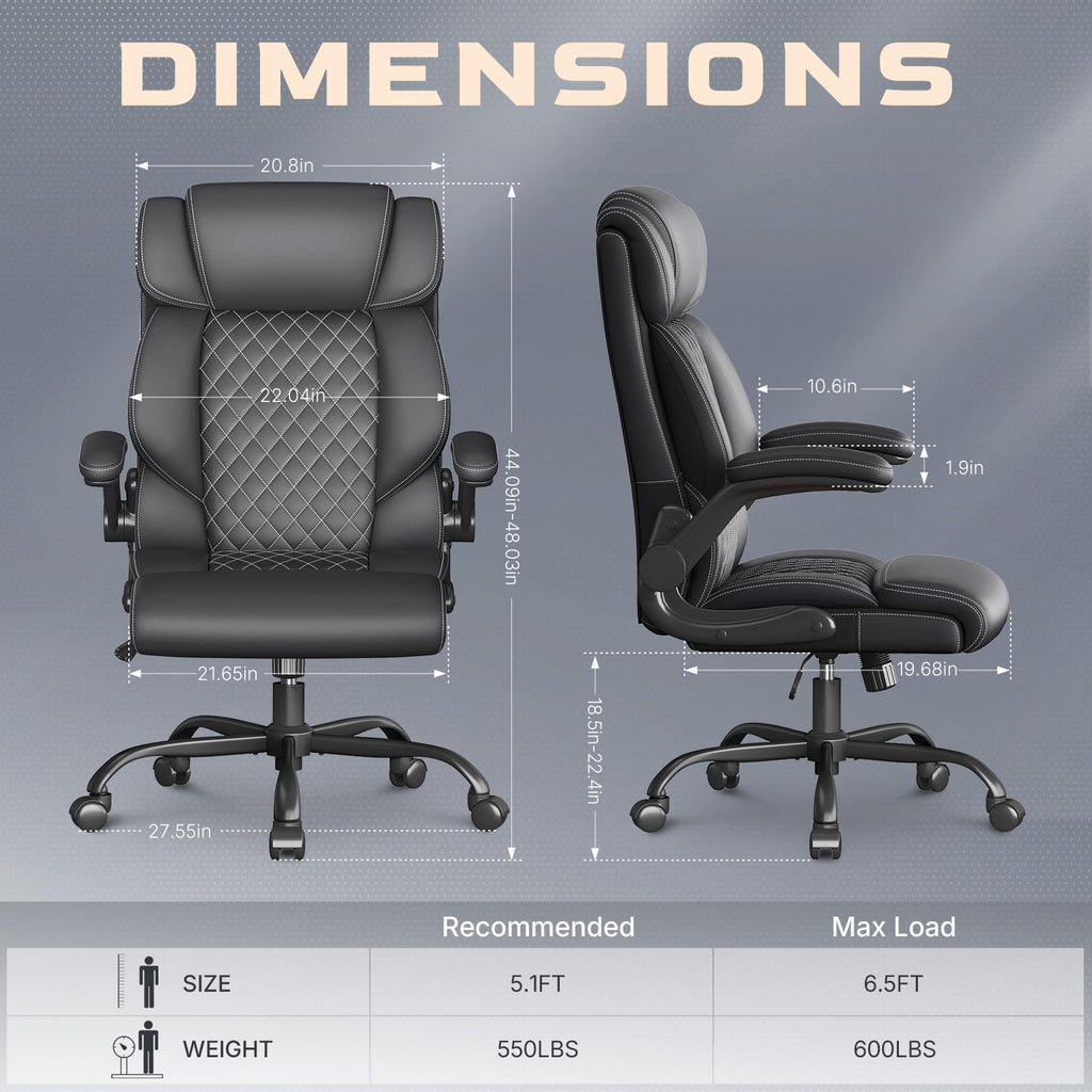 Office Chair-big and Tall Office Chair,executive High Back Breathable Flip-up Armrests Lumbar Support-ergonomic Leather Rolling Swivel Chair