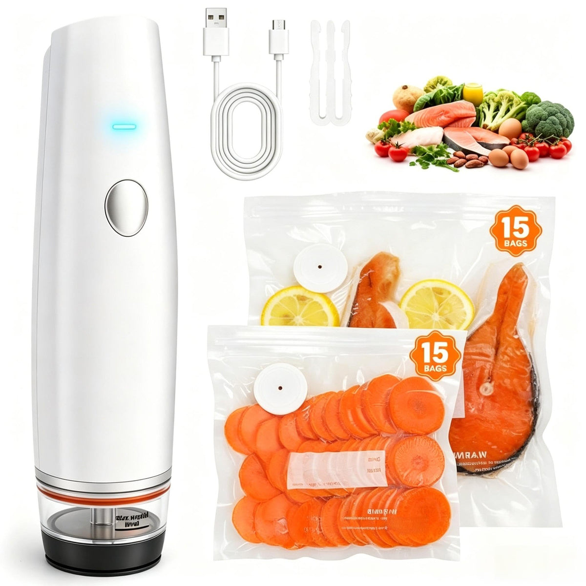 -80kPa Compact Vacuum Sealer for Food (Vacuum Sealer Machine + 30 Reusable Bags), 1200mAh Rechargeable Handheld Vacuum Sealer Machine