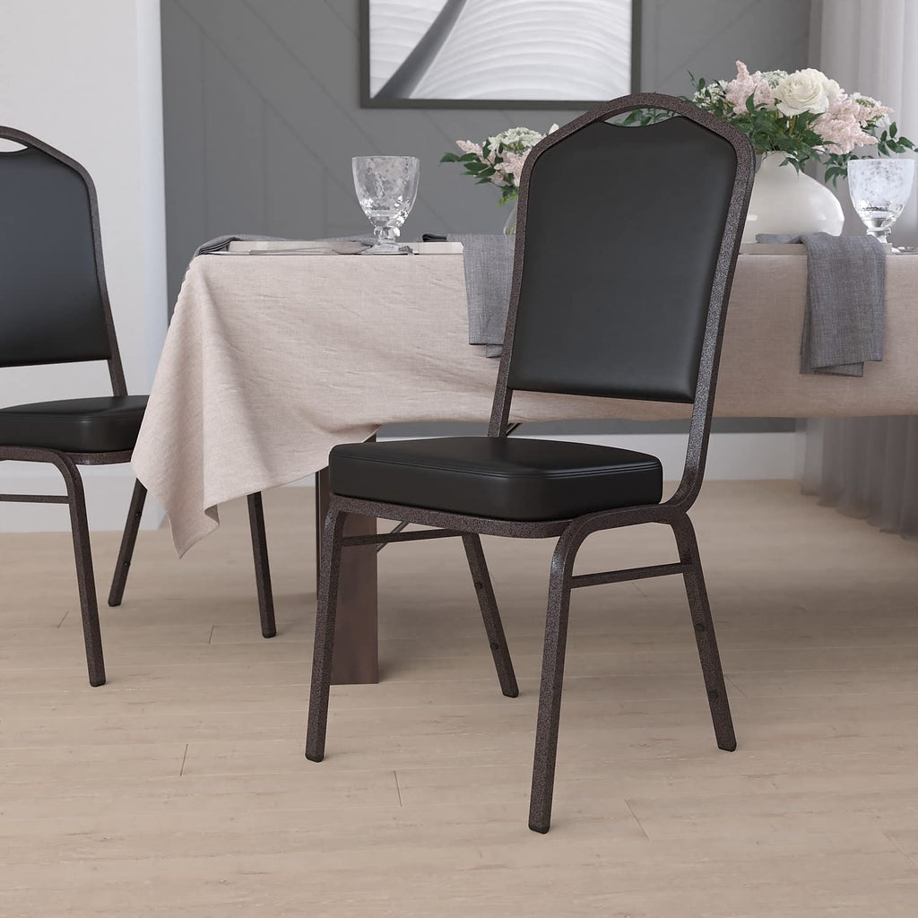 Flash Furniture Hercules Vinyl Crown Back Stackable Banquet Chair, Black, Set of 1, Black Vinyl/gold Vein Frame