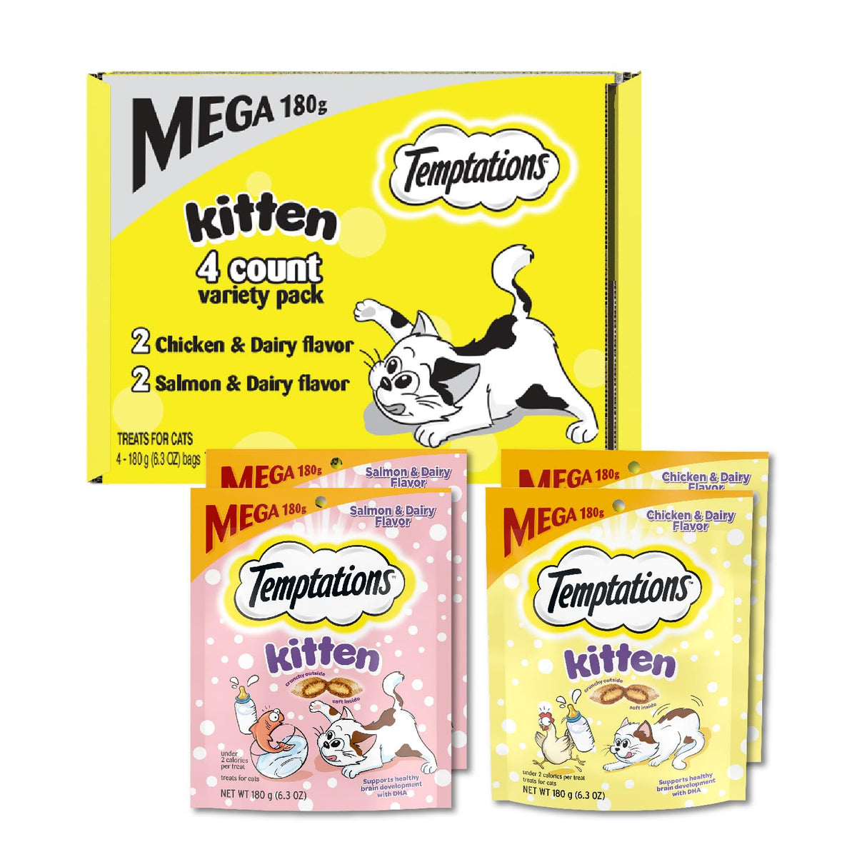 Temptations Kitten Treats Classic Crunchy and Soft Cat Treats Variety Pack, 6.3 oz. Pouches (Pack of 4)