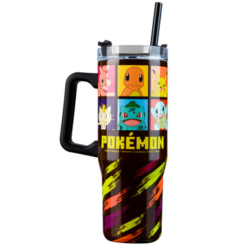 Pokemon Insulated Tumbler Travel Mug 33oz Stainless Steel Pikachu Anime Water Bottle with Handle and Straw Thermal Double Wall Vacuum Insulation Drinks for Hot Cold Ice Cupholder Compatible