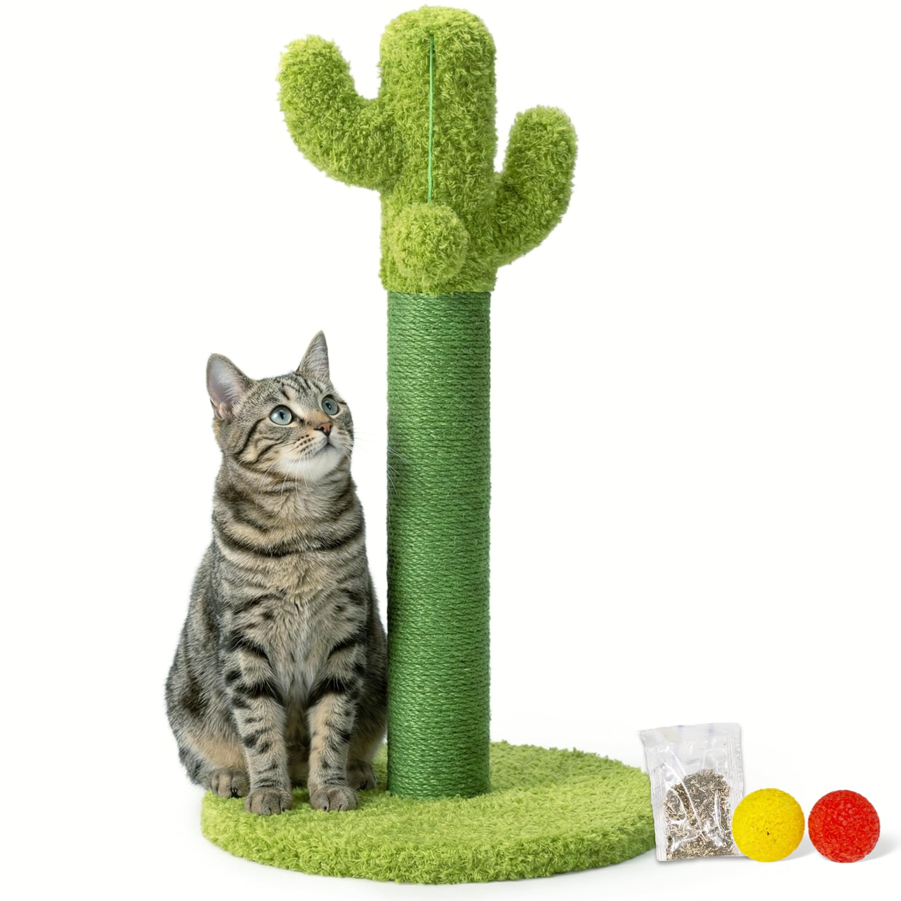 Happi N Pets Cactus Cat Scratching Post, Cute Cat Scratch Posts with Hanging Ball for Cats and Kittens, Scratching Post with 2 Bonus Toys & Catnip, Vertical Cat Scratchers