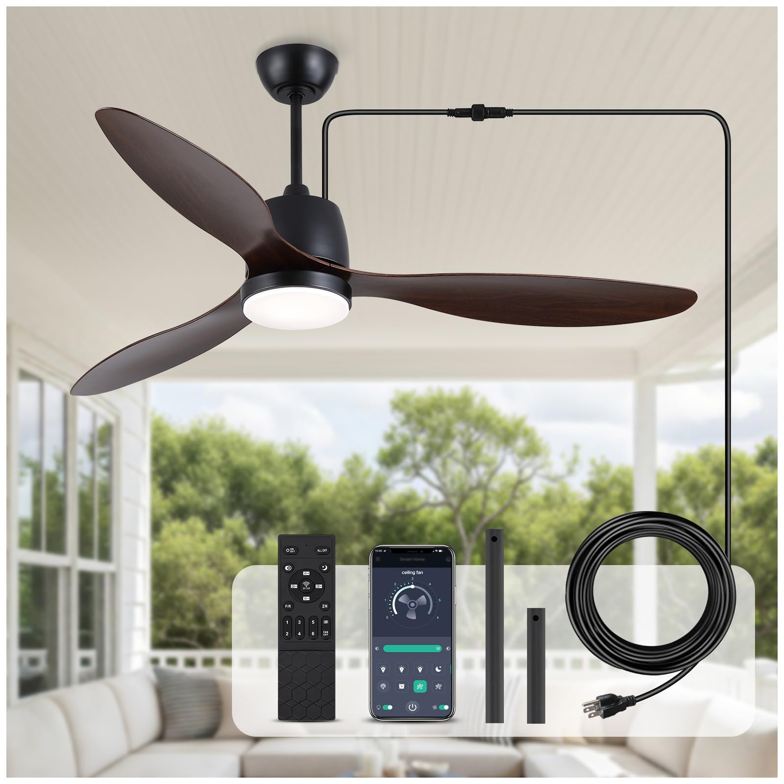 52" Outdoor Ceiling-Fan with Light: Plug-in Waterproof Hanging Fans, App/Remote Control, Reversible 6-Speed Quiet DC Motor, 3CCT, for Patio Porch Pergola