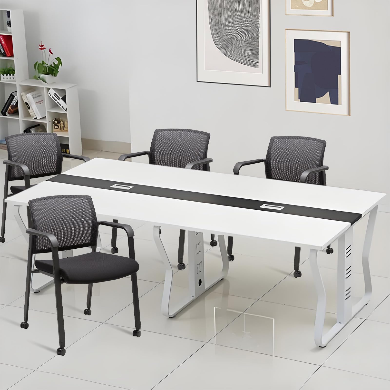 Clatina Mesh Back Guest Reception Arm Chairs with Wheels, Waiting Room Chairs with Upholstered Fabric Seat and Ergonomic Lumbar Support for