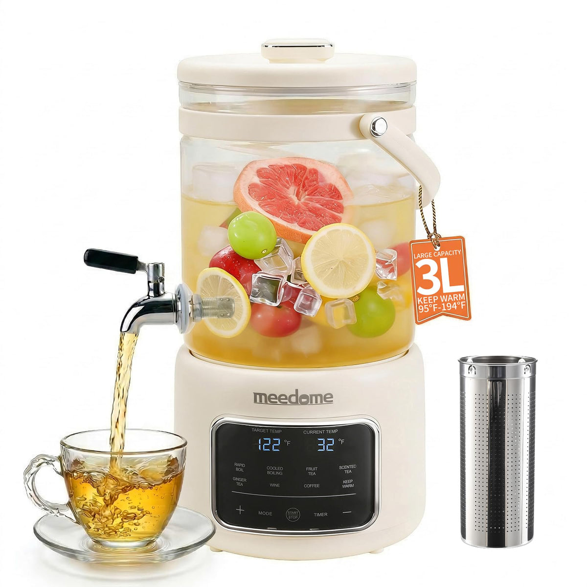 3L Electric Kettle & Beverage Dispenser with Infuser, Spigot - All-in-One Health Pot for Iced Tea/Coffee, Temperature Control, Glass Pitcher - Home & Office Use