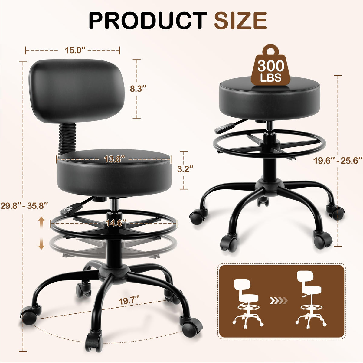 Anunweldo Drafting Chair with Back Support, Adjustable Foot Rest Rolling Stool, 360° Swivel Office Desk Chair with Wheels, Thick Seat Cushion