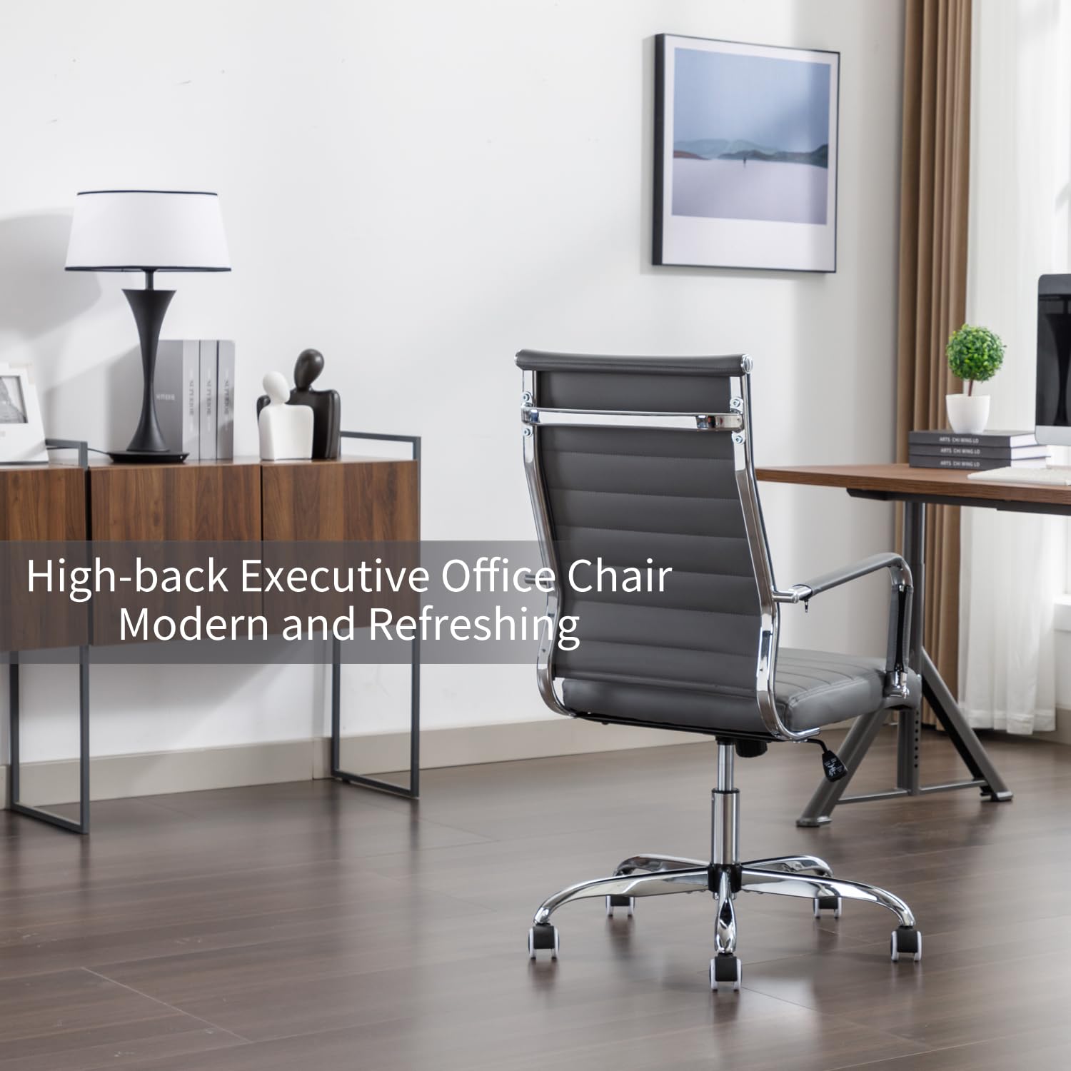 Office Desk Chair Leather, Conference Room Chairs with Wheels, Executive Modern High Back Ergonomic Swivel Rolling Ribbed Computer Chair