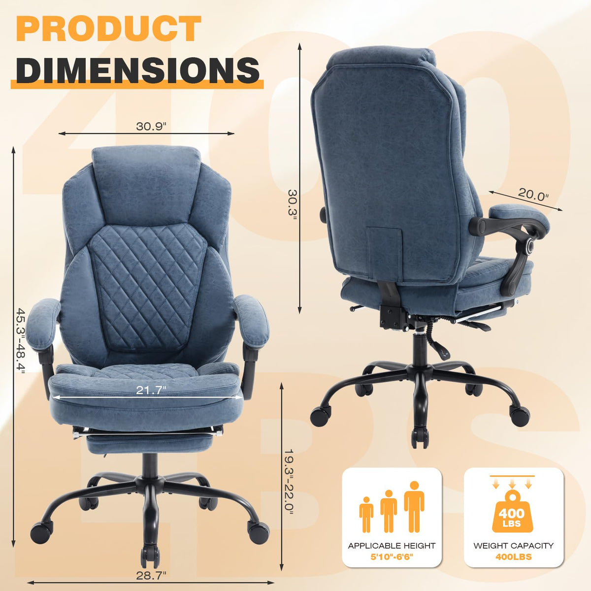 Linting Plus Size Leather Reclining Office Desk Chair with Footrest Blue, Large(400lbs)