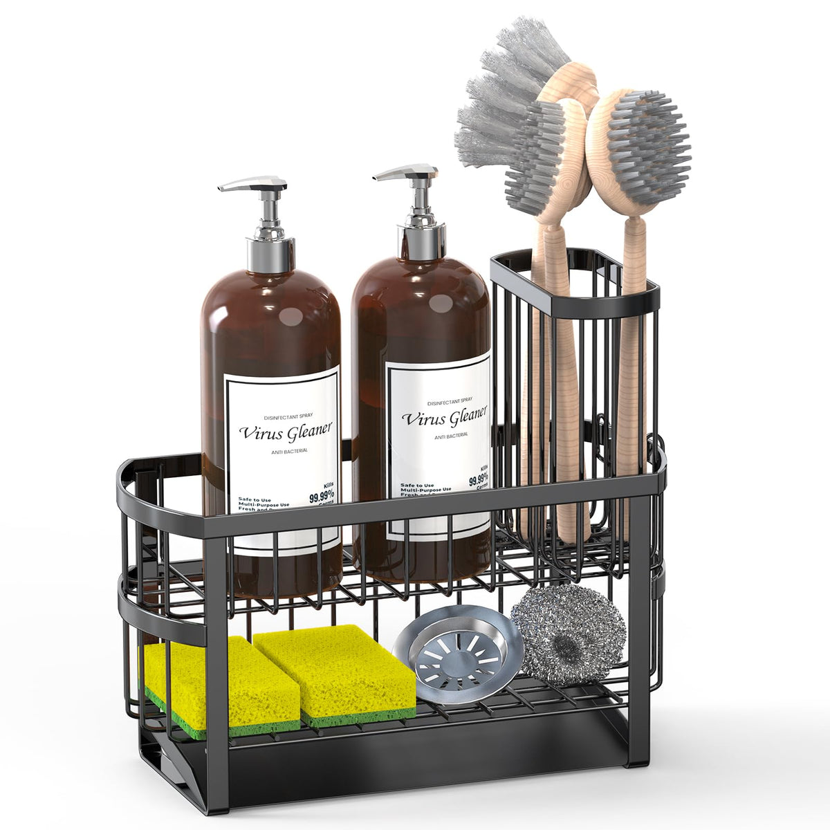 Kitchen Sink Organizer Caddy, 2 Tier Sink Caddy Organizer with High Brush Holder, Rust-Proof Countertop Rack (Black 10.6 * 4.3 * 5.7") for Kitchen Accessories & Dish Brushes