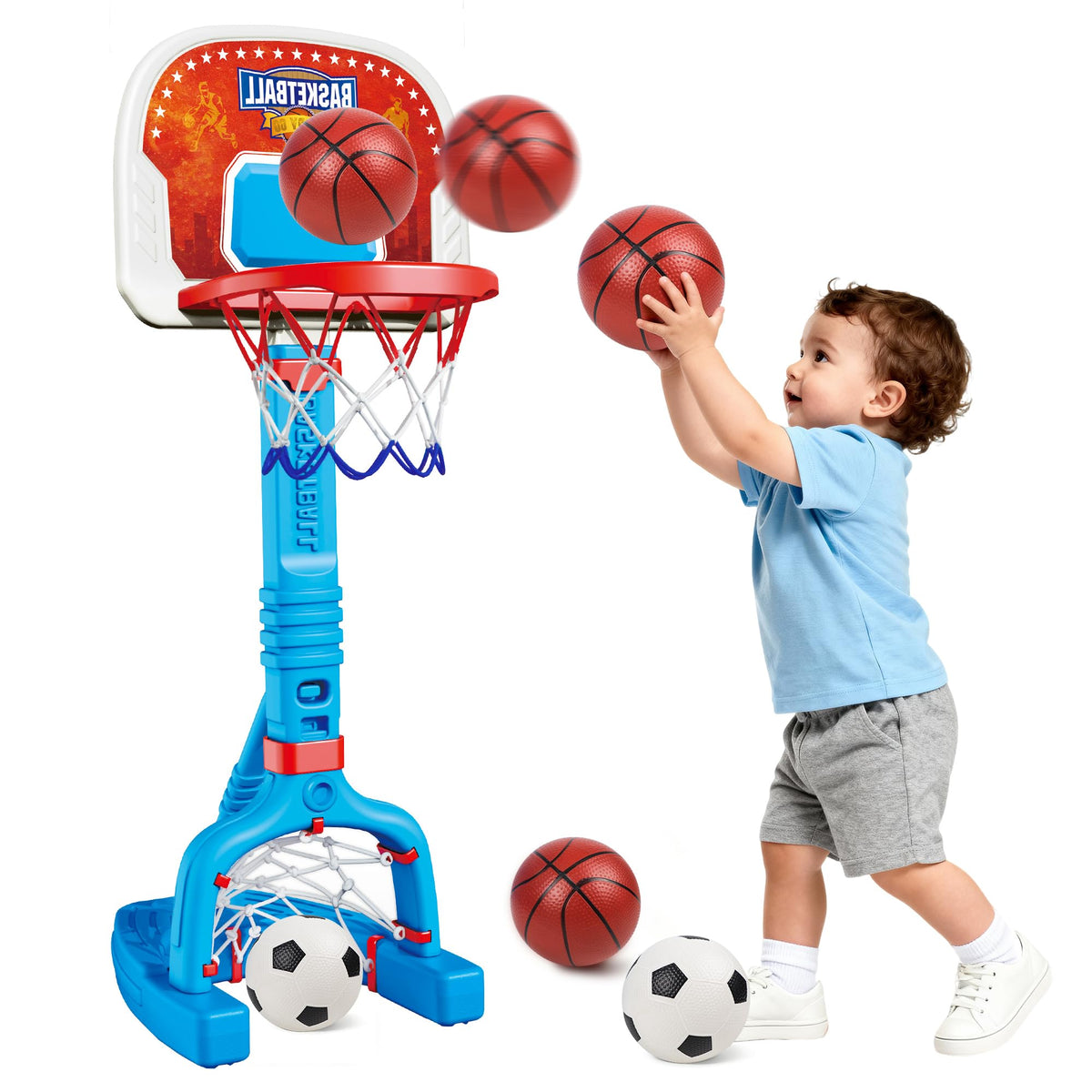 Toddler Basketball Hoop Indoor, Adjustable Kids Basketball Hoop and Soccer Goal for Ages 1-3 3-5, Portable Mini Basketball Hoop Set with 4 Balls for Boys Girls Child Indoor Outdoor Poolside