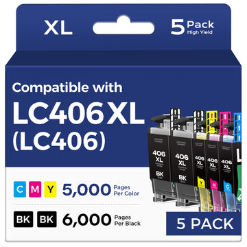 LC406XL Ink Cartridges for Brother Printer Replacement for LC406 XL, 5 Pack | LC406XL LC406 Compatible with Brother MFC-J4335DW MFC-J6555DW MFC-J5855DW MFC-J4535DW MFC-J6955DW MFC-J5955DW (2BK/M/C/Y)