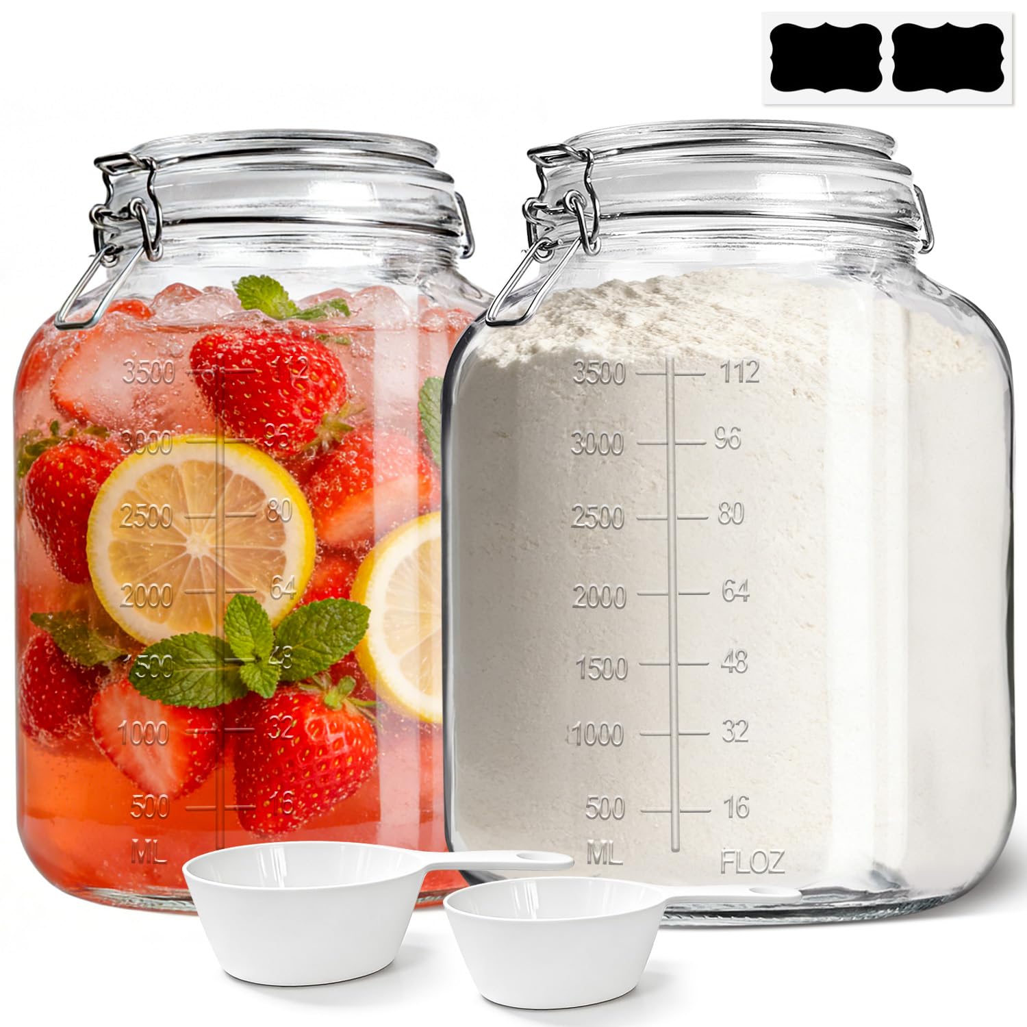 1.1 Gallon Wide Mouth Glass Canisters with Airtight Lids & Measurement Marks (2-Pack) – Includes 2 Measuring Scoops & Labels, Food Storage Jars for Flour, Sugar & Baking Supplies | BPA-Free
