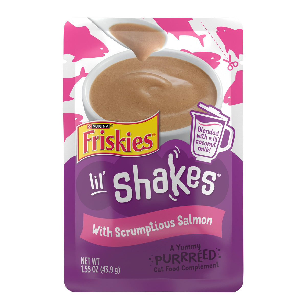 Purina Friskies Pureed Cat Food Topper, Lil’ Shakes With Scrumptious Salmon Lickable Cat Treats - (Pack of 16) 1.55 oz. Pouches