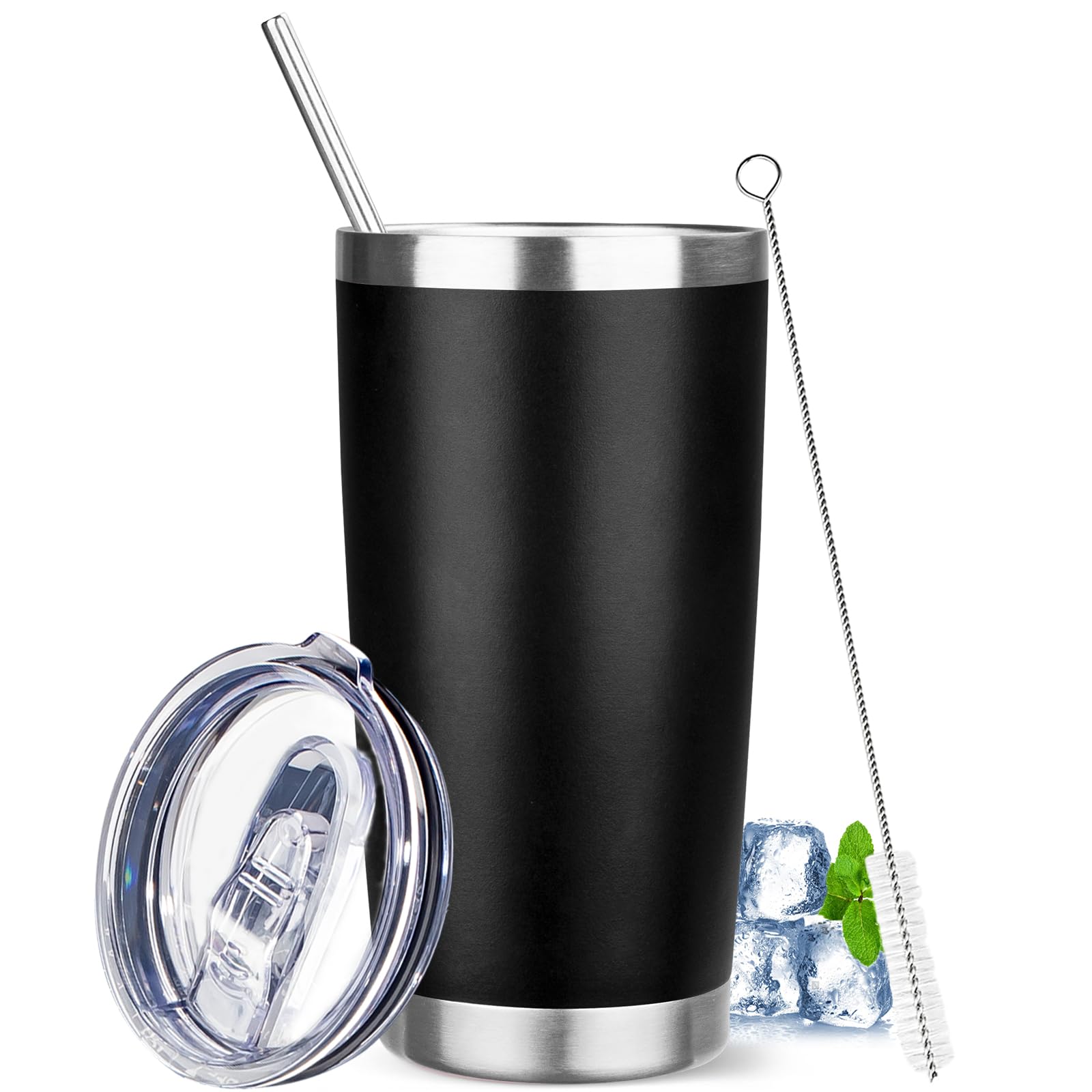 20 oz Tumbler with Lids and Straws, Stainless Steel Insulated Travel Coffee Mug, Double Wall Vacuum Insulated Tumblers, Powder Coated Coffee Tumbler for Cold & Hot Drinks (Black)