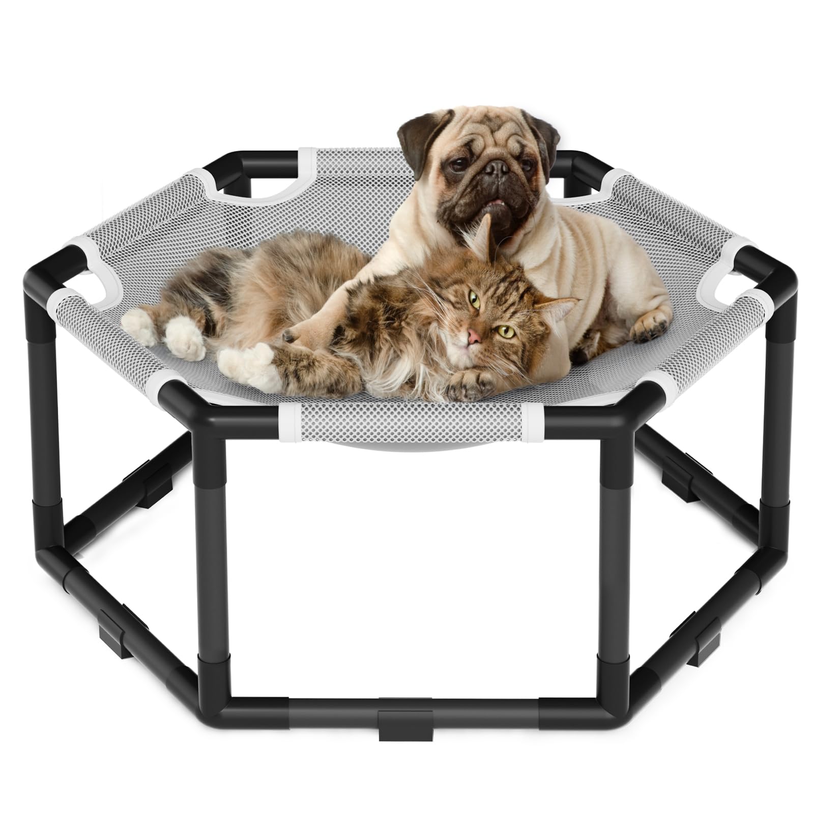 Tresbro Elevated Cat Hammock Bed, Hexagon Raised Cat Swing Bed for Indoor and Outdoor Use with Breathable Fabric & Anti-Slip Block, 23.6'' x 10.6'' x 12'' Pet Chair for Large to Small Kitty Cot