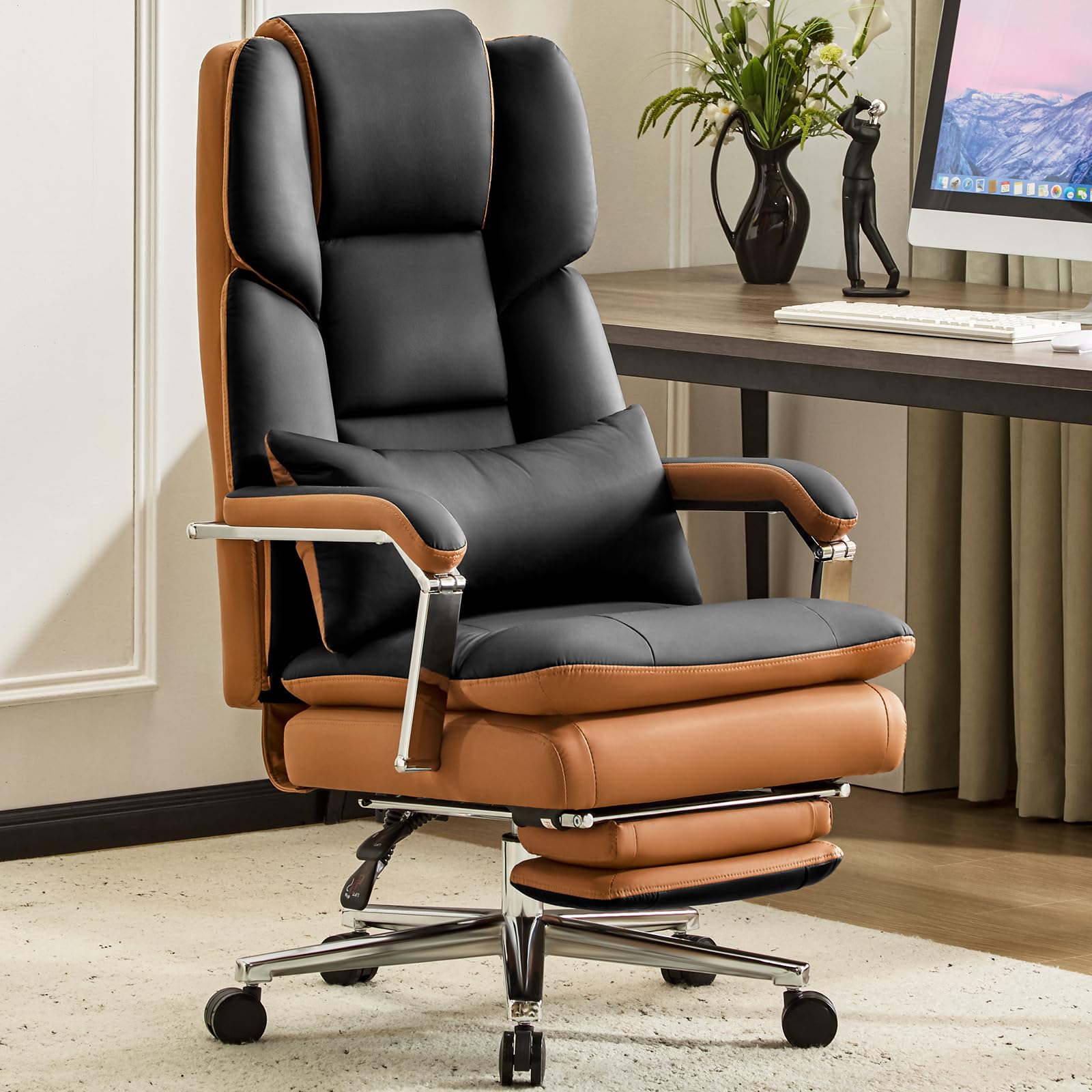 Furniliving Big and Tall Office Chair 500lbs,high Back Executive Leather Office Chair with Footrest,wide Seat Reclining Desk Chair with Lumbar