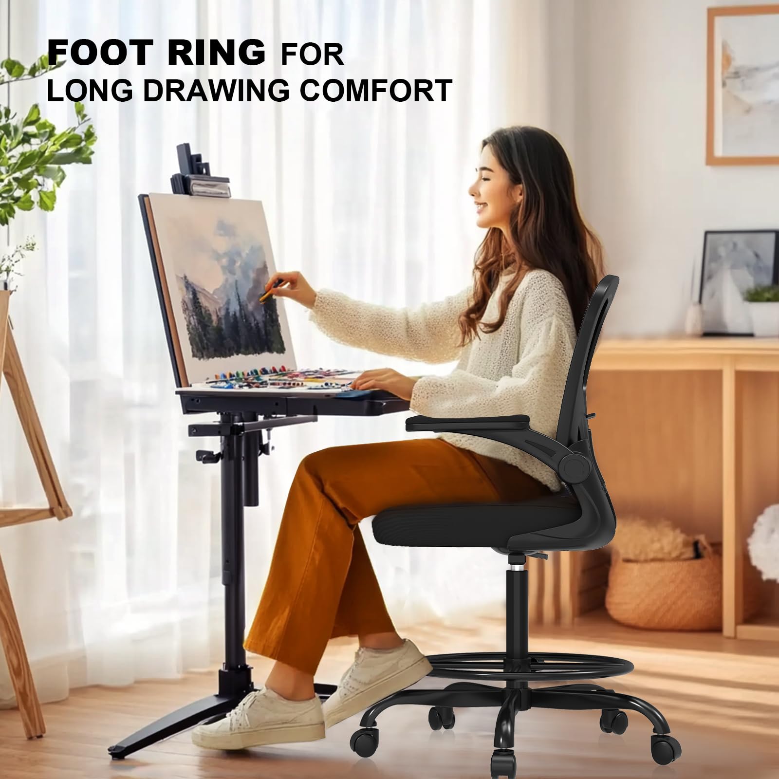 Synorla Ergonomic Tall Drafting Chair-mesh Desk Chair with Flip-up Arms, Matte Black