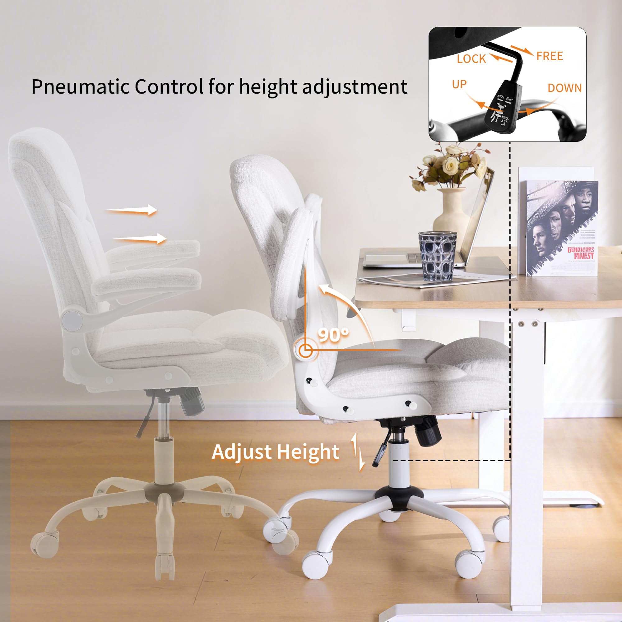 Fmolat Ergonomic Home Office Chair Fabric Comfy Computer Chair, White, 19.7"W x 19.5"D x 39"-42"H