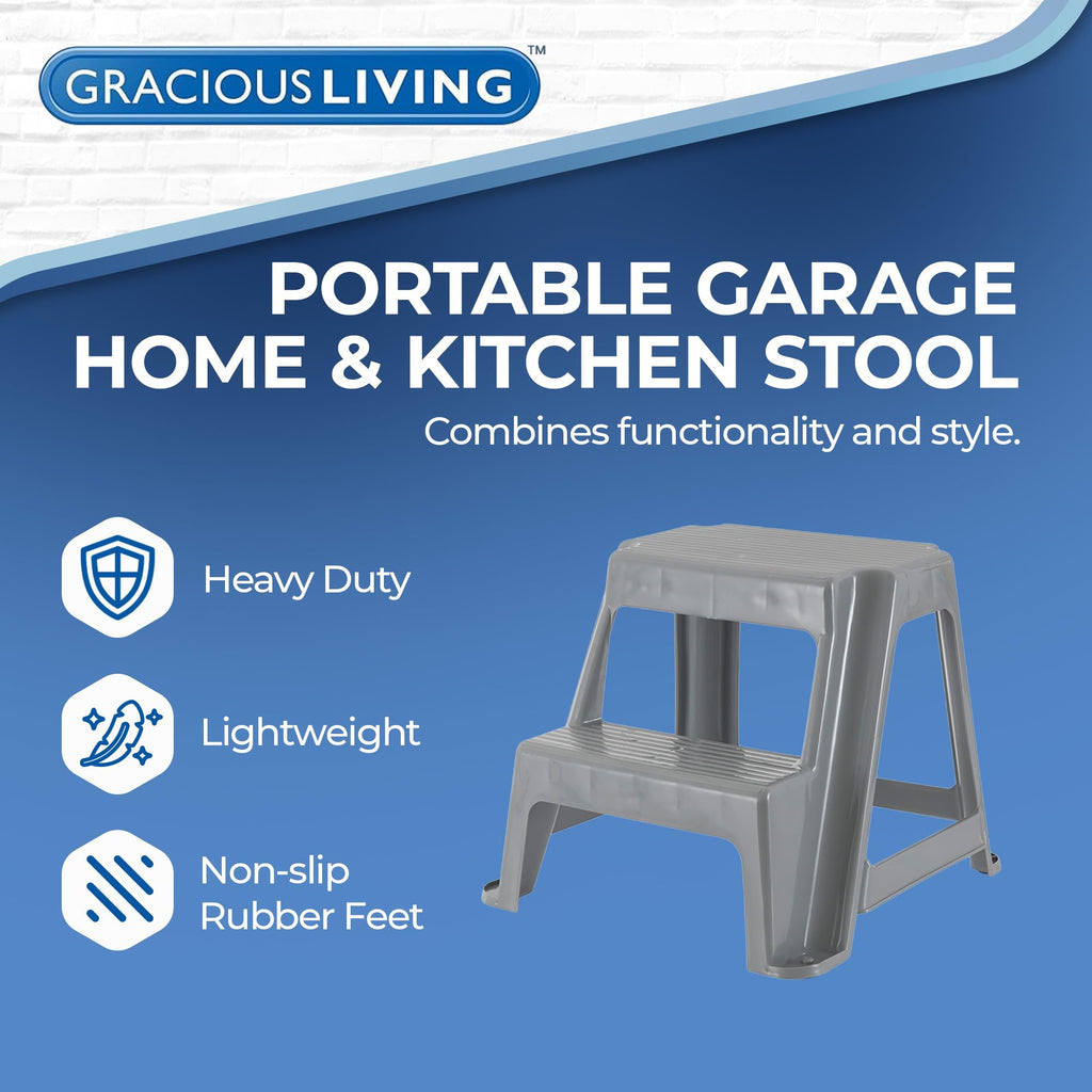 Gracious Living 2-step Stool, Portable Plastic Stepping Stool for Dorm, Home, Classroom, or Office, 18"l X 18.75"w X 16"h - 300 Pound Capacity,