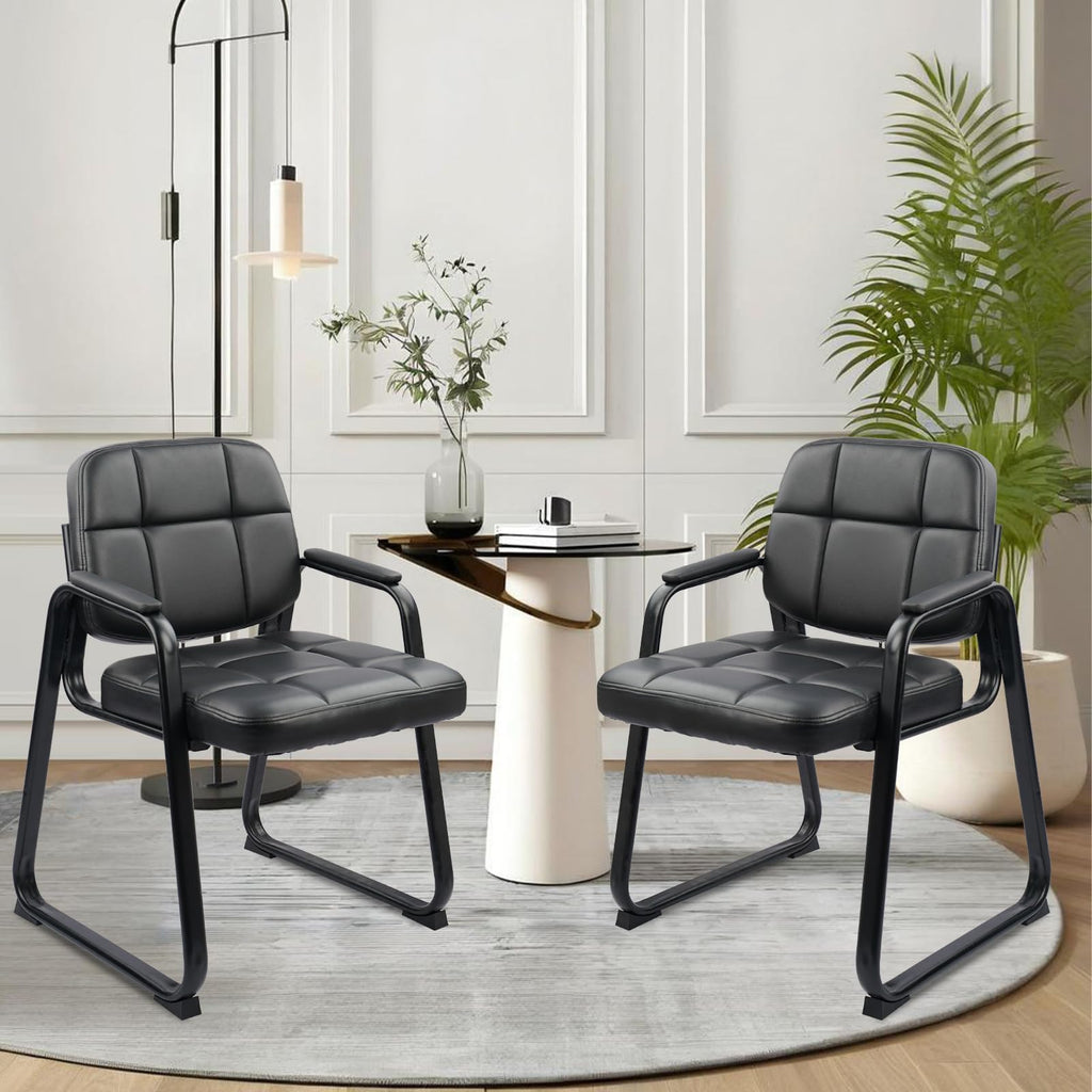 Clatina Leather Guest Chairs Set of 6, Office Reception with Padded Arms, Desk Chair with Sled Base for Office Conference Waiting Room, Black