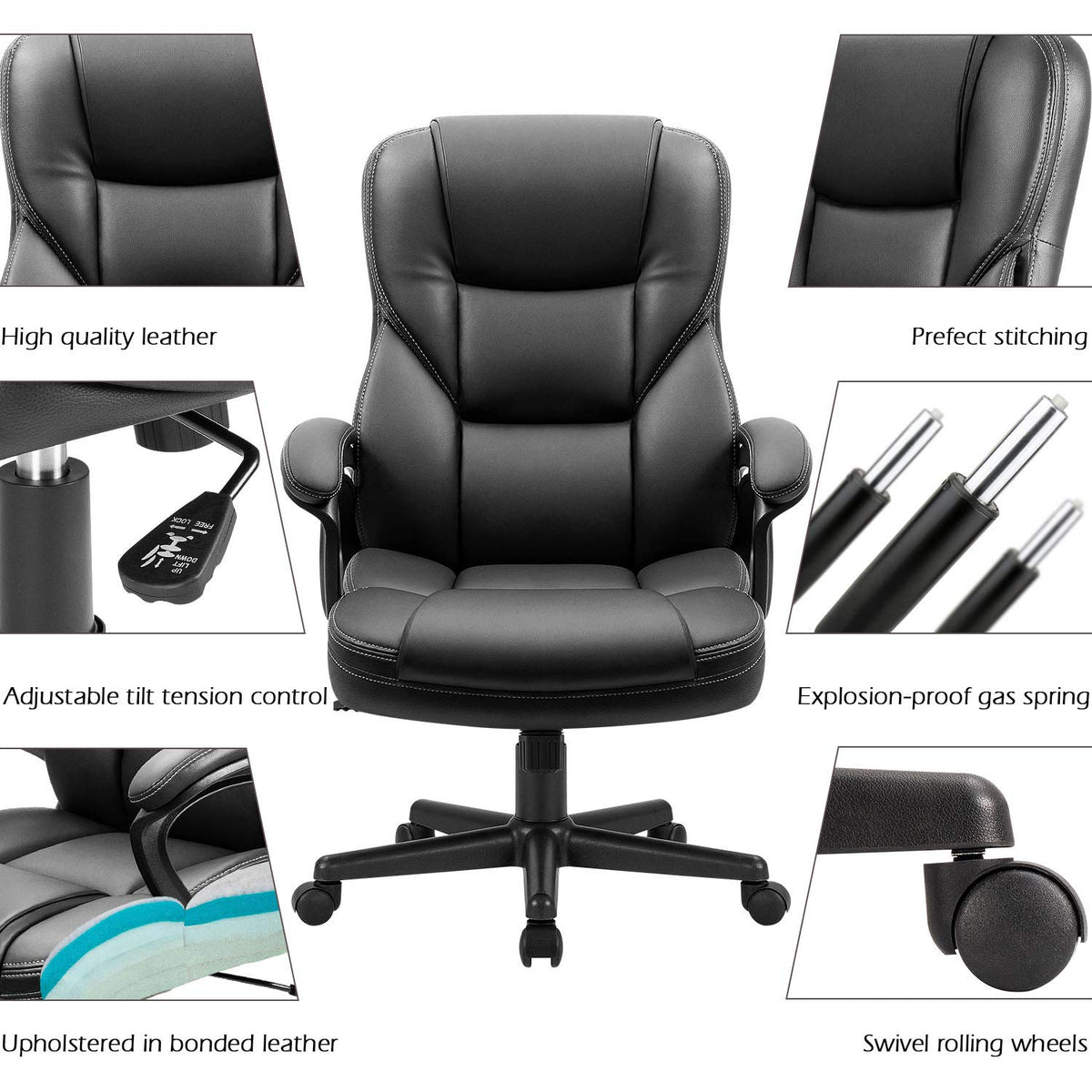 Furmax Office Executive Chair High Back Adjustable Managerial Home Desk Chair, Swivel Computer Pu Leather Chair with Lumbar Support (1, Black)