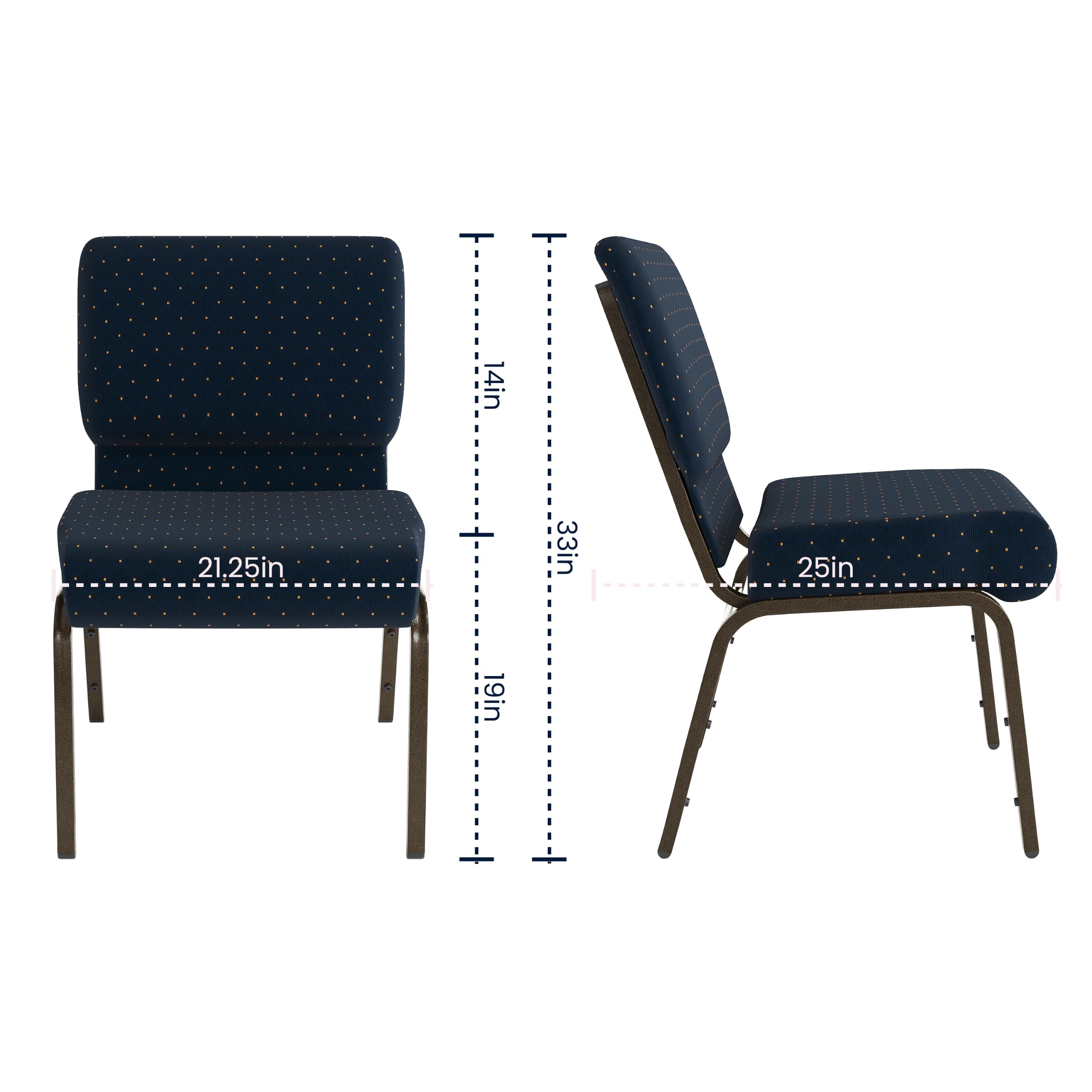 Flash Furniture Hercules Series 21''w Stacking Church Chair in Navy Blue Dot Patterned Fabric - Gold Vein Frame, Set of 1, Navy Blue Dot
