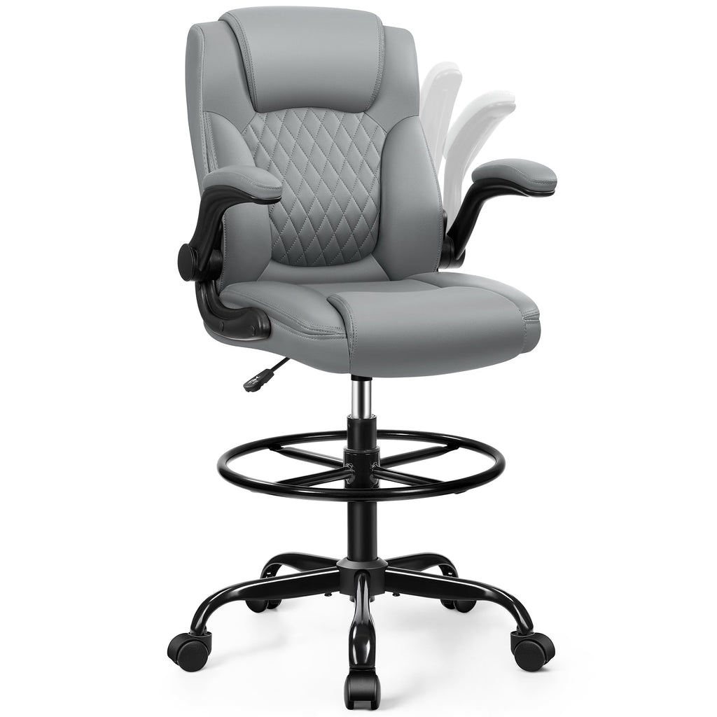 Drafting Chair, Tall Office Chair for Standing Desk, High Executive Leather Ergonomic Computer Chair with Adjustable Height and Flip-up Armrest