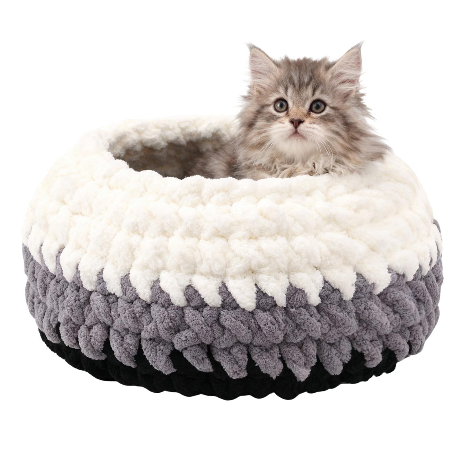 Handwoven Soft Cat Cave Bed, Indoor Cat Beds with Washable Round Nest, Kitten House & Cat Furniture, White & Gray